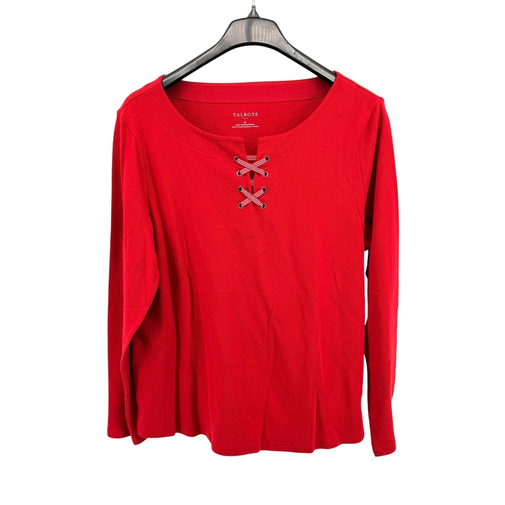 NEW Talbots Lace Up Top Womens XL Blouse Red Long Sleeve Grommet Detail Nautical